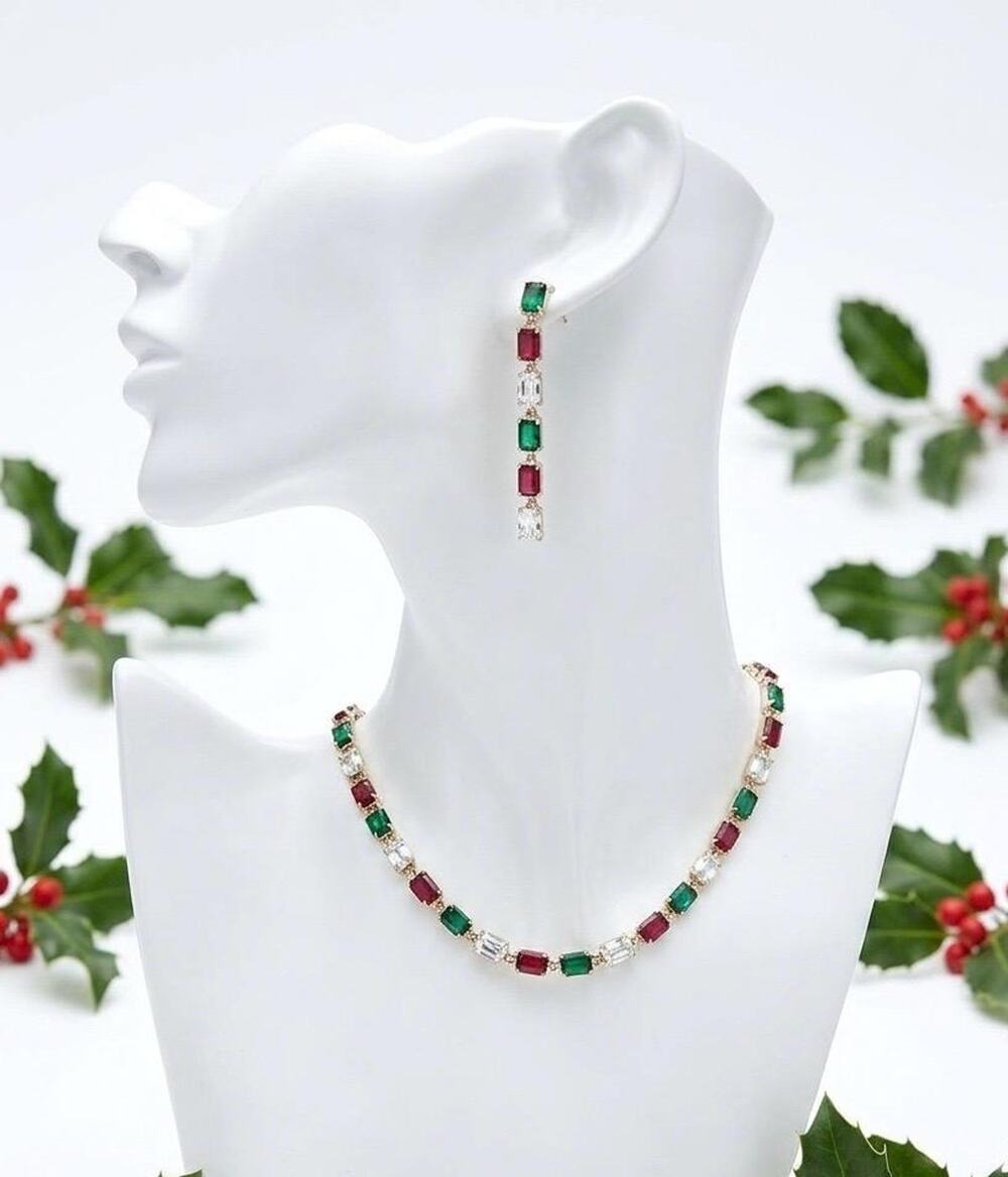 Ruby Red Emerald Green Crystal Necklace Earrings Set | Gold Tone Choker Dangle